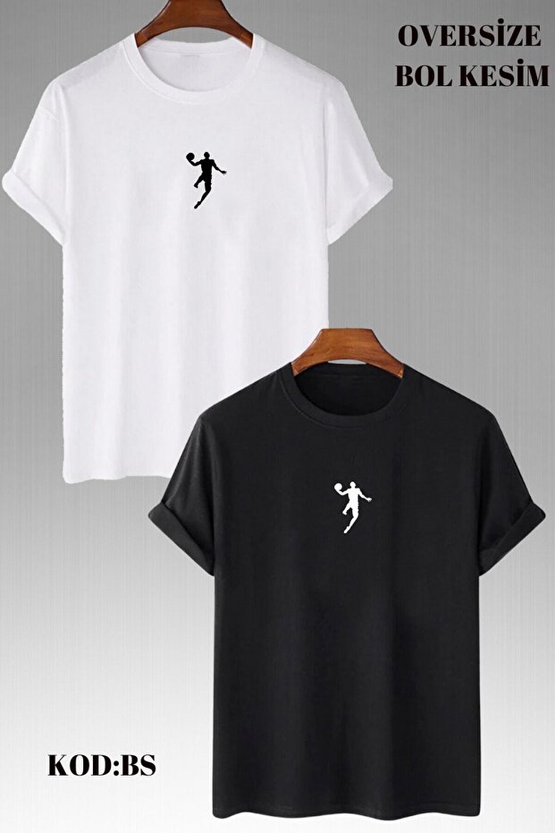 Men's Crew Neck Oversize Loose Fit Cotton Summer Basic Black and White T-Shirt