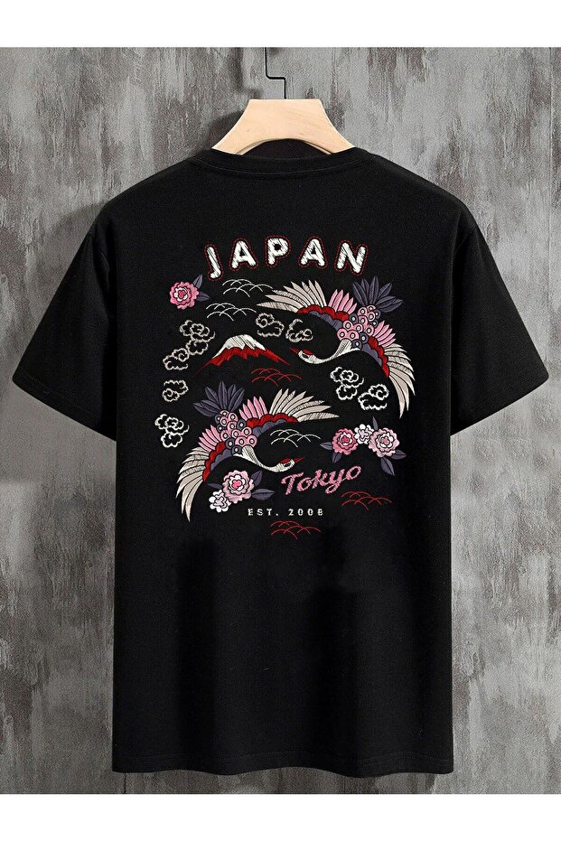 Unisex Oversize T-Shirt Japan Bird Rose Back Print Black