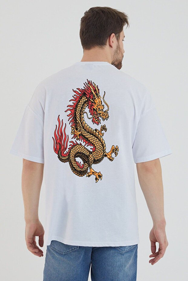 Men's White Oversize Dragon Back Printed T-shirt