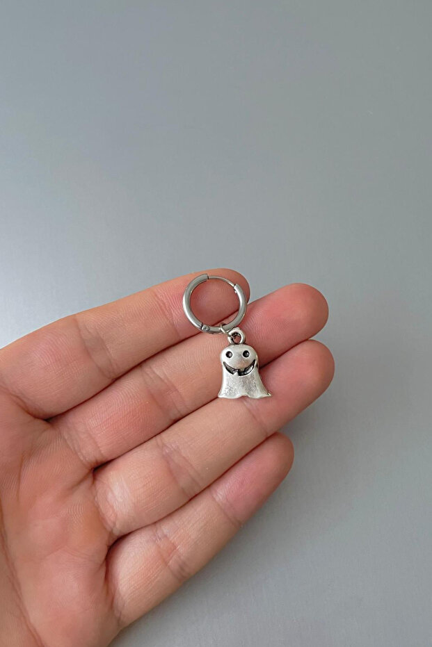 Unisex Silver Smiling Ghost Figure Steel Hoop Earrings