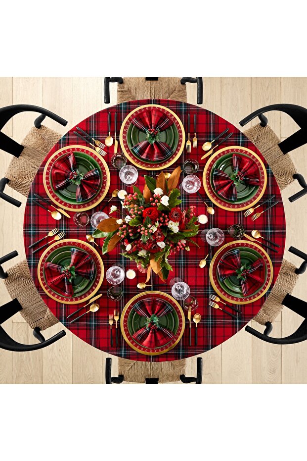 New Year Red Plaid Round Tablecloth 150 cm