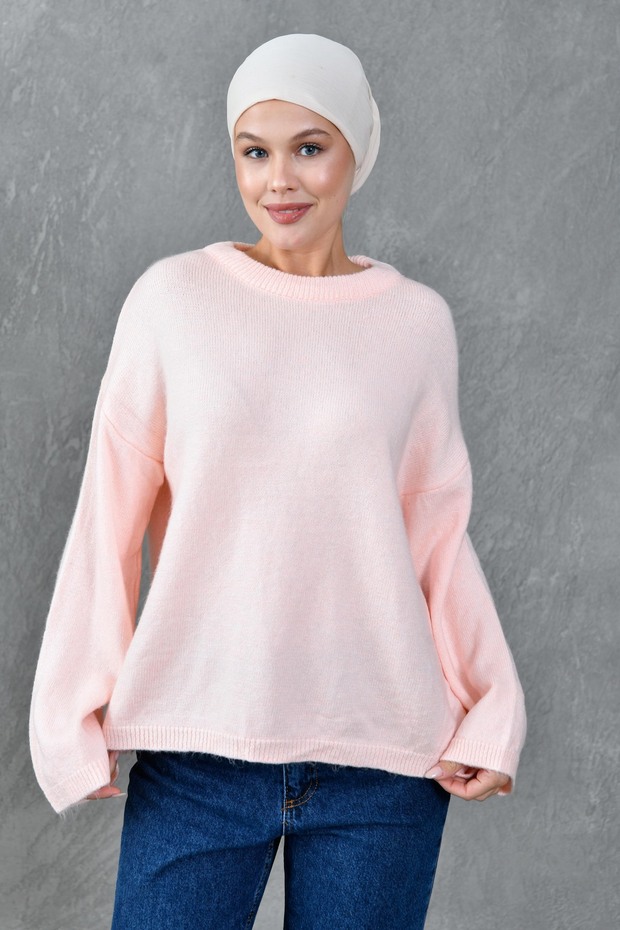 Wide Sleeve Off Shoulder Crew Neck Long Sleeve Powder Oversize Knitwear Hijab Sweater