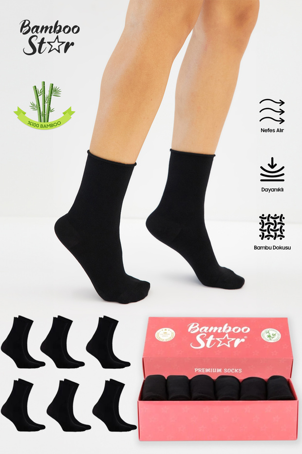 Bamboo Women's Elasticless Black Seamless Premium Socks 6-Pack Non-Squeezing Socks - No Marks Left Behind