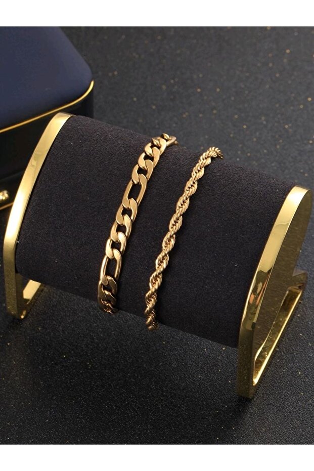 2-Piece Combination Figaro Chain Twist Chain Gold Bracelet Set