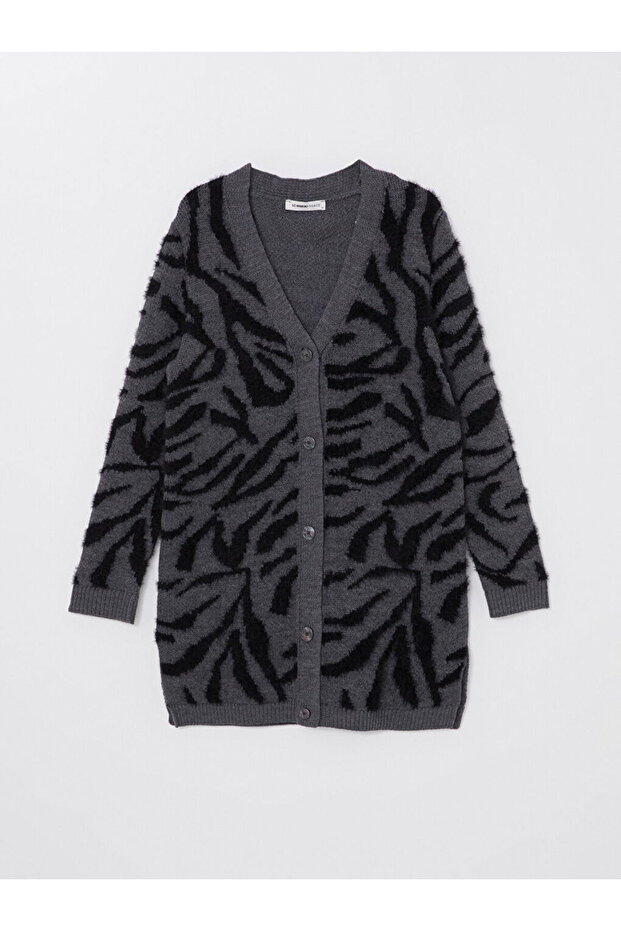 V Yaka Desenli Kadın Triko Hırka - 5