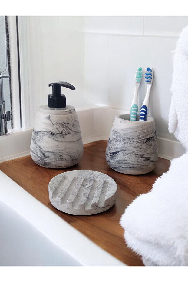 Gray Bathroom Set with Marble Pattern - 4