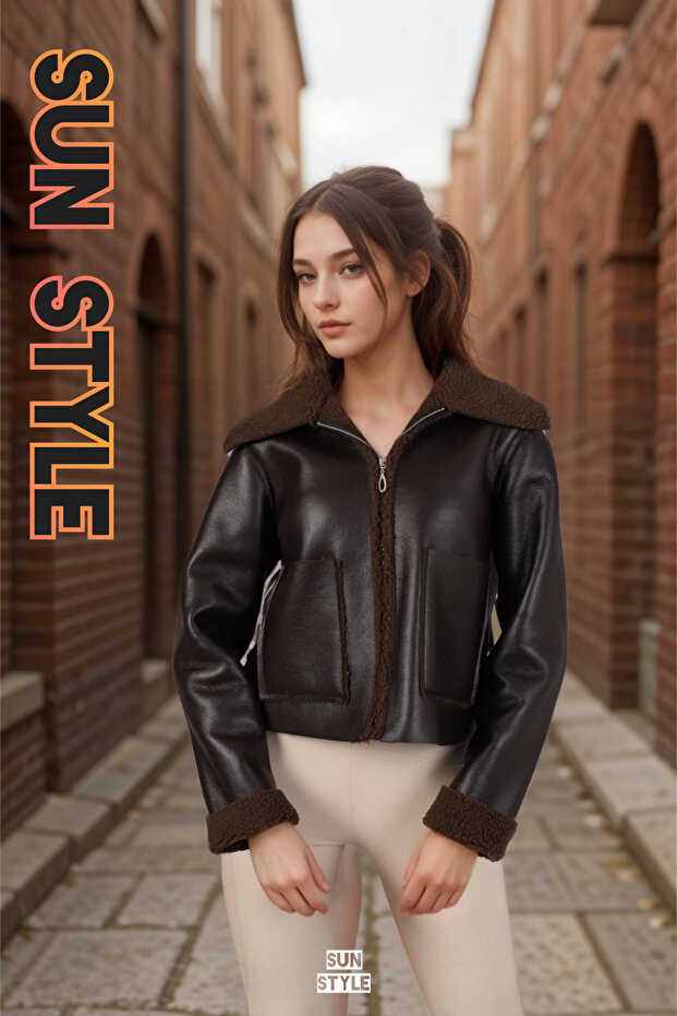 Laminated Leather Zippered Coat - Brown
