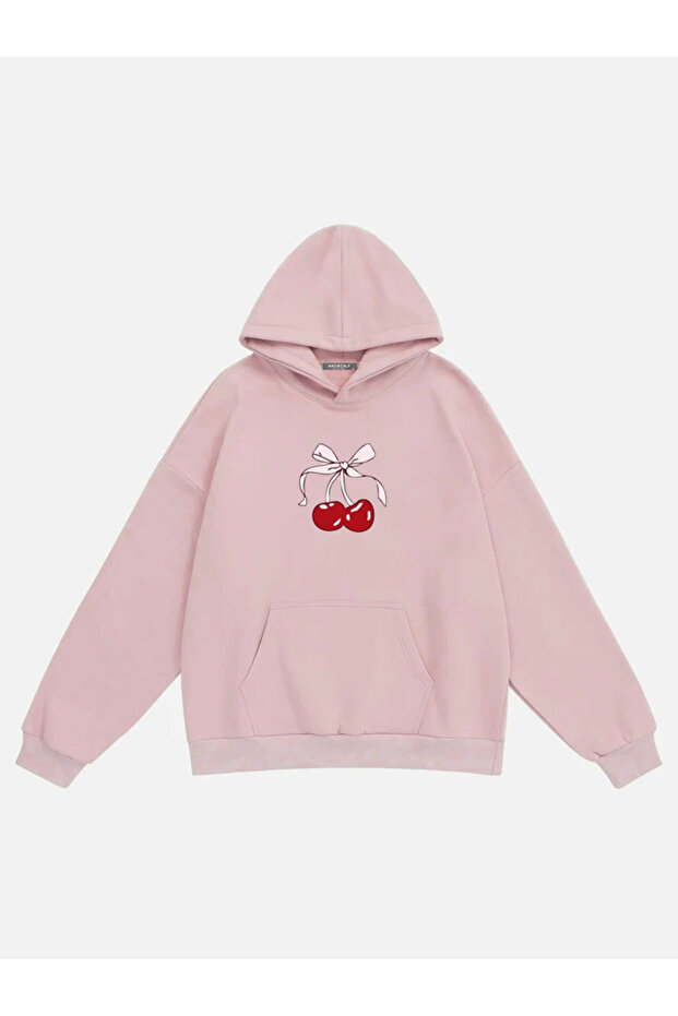 Women's Cherry Printed Oversize Sweatshirt with Hood and Fleece Inside