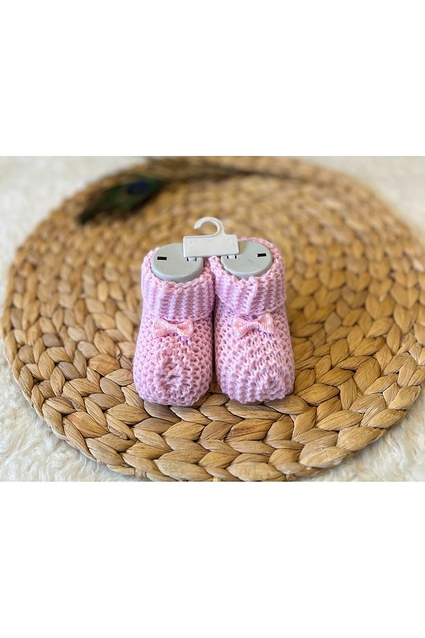 2’li Kurdeleli Pembe Ekru Kız Erkek Bebek Triko Patik - 2