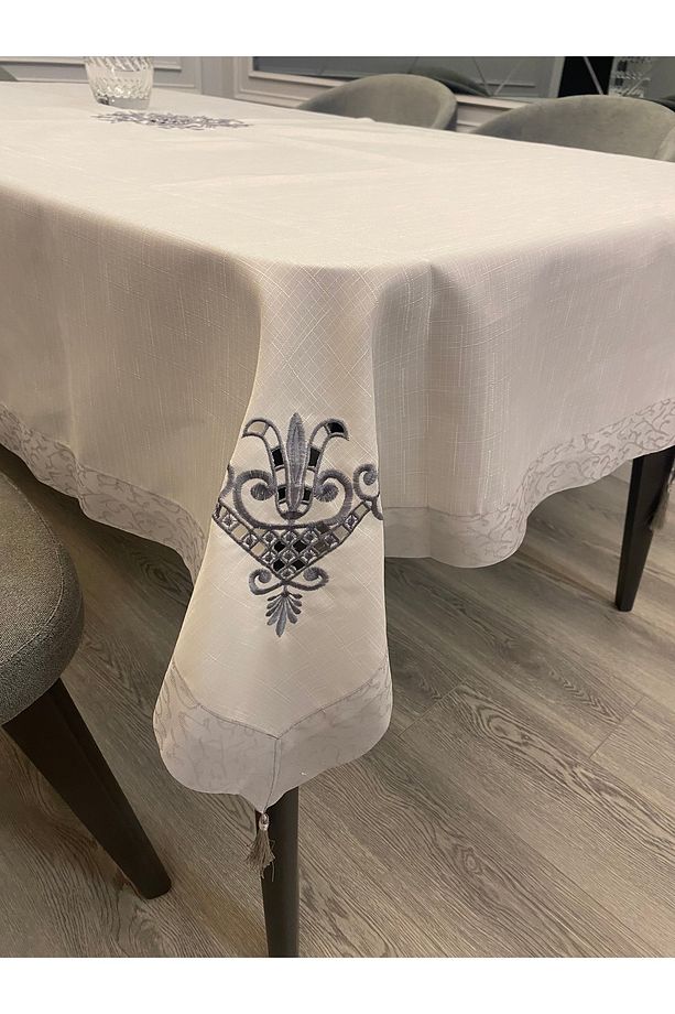 Nakışlı Gri Kolay Temizlenebilir Leke Tutmaz Dertsiz Masa Örtüsü - 5