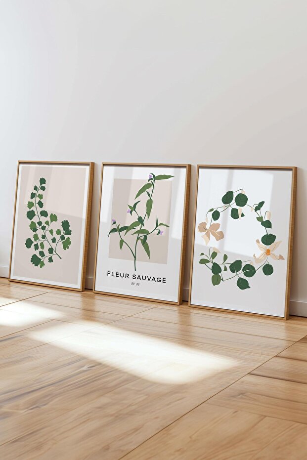 Çerçeveli Tablo Seti, 3 Adet Ahşap Çerçeve ve Minimalist Botanik Temalı Poster Seti, No:300478 - 5