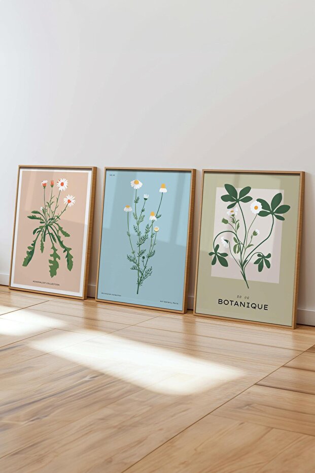 Çerçeveli Tablo Seti, 3 Adet Ahşap Çerçeve ve Minimalist Çiçekler Temalı Poster Seti, No:300484 - 5