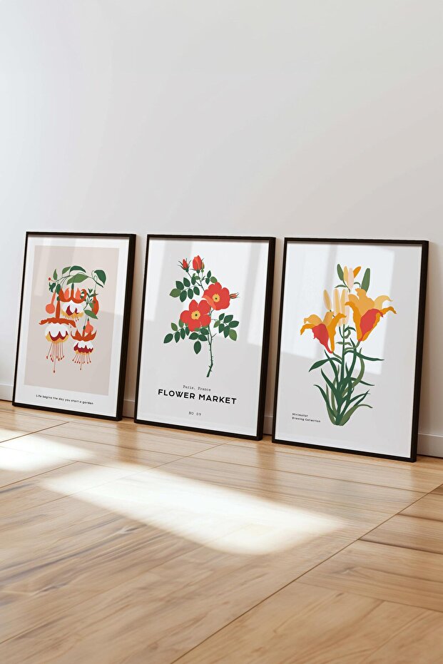 Çerçeveli Tablo Seti, 3 Adet Siyah Çerçeve ve Minimalist Botanik Temalı Poster Seti, No:300476 - 4