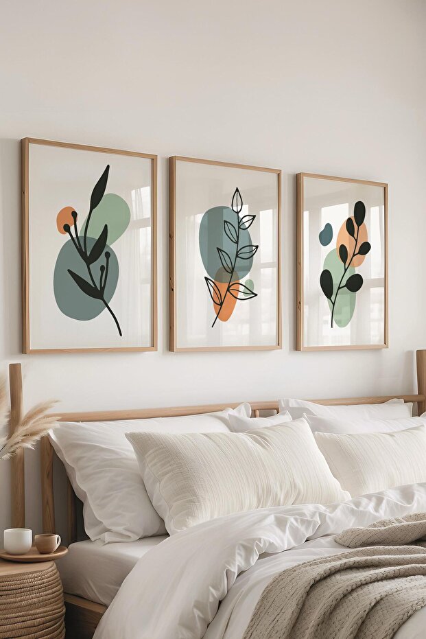 Çerçeveli Tablo Seti, 3 Adet Ahşap Çerçeve ve Soyut Botanik Temalı Poster Seti, No:300678 - 1