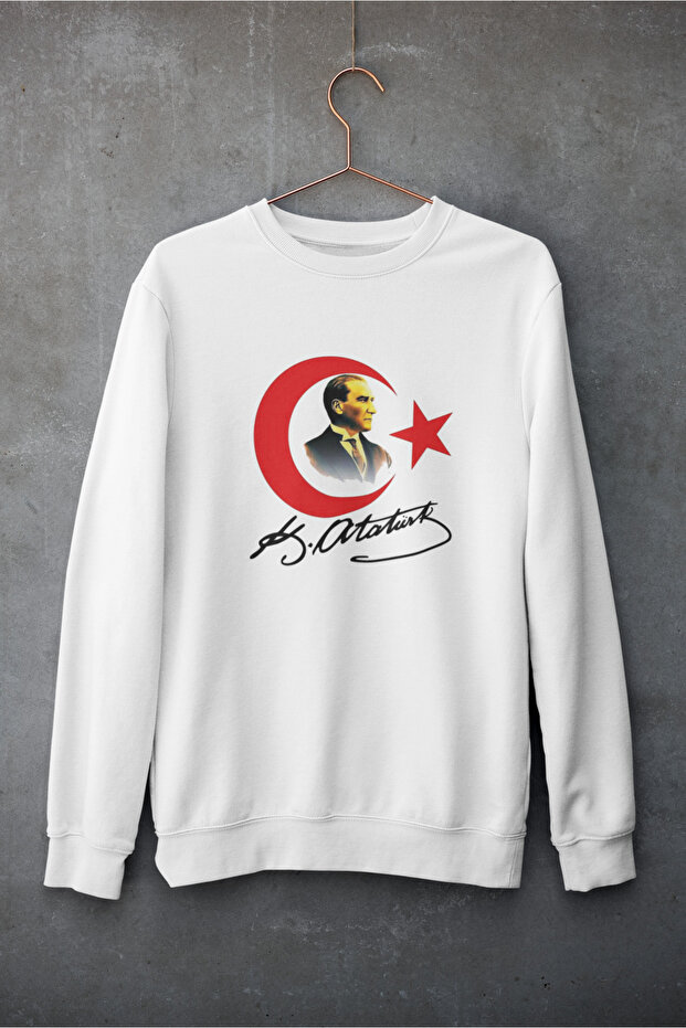 Stil-X Atatürk and Turkish Flag Printed Crewneck Oversize Three-Yarn Shardooned Sweatshirt