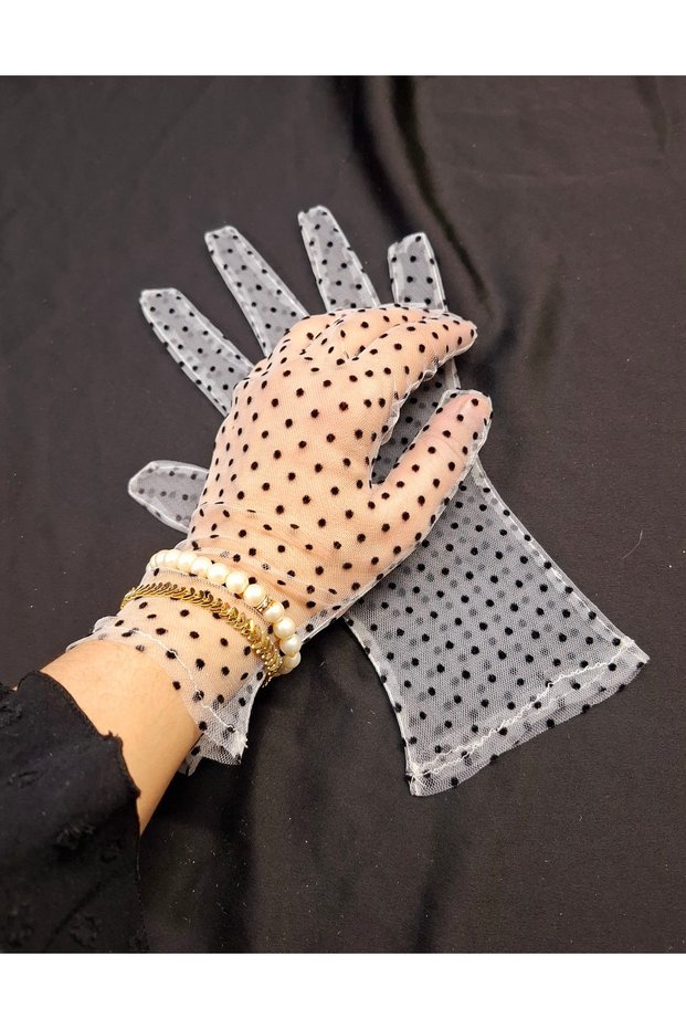 Black Polka Dot Vintage Wrist Length Gloves on Sofia White