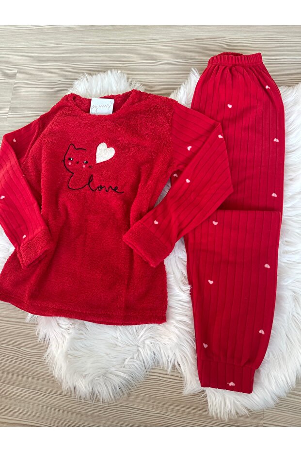Kırmızı Kedi ve Kalp Desenli  Polar Pijama Takımı - 7