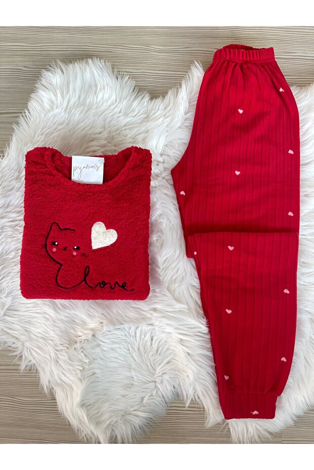Kırmızı Kedi ve Kalp Desenli  Polar Pijama Takımı - 1