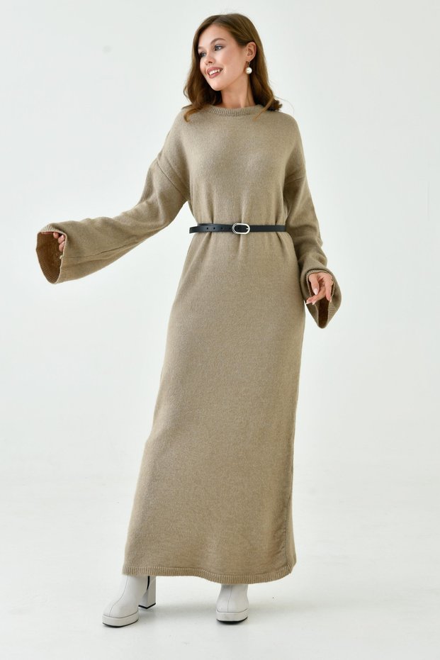 Women's Off-Shoulder Crew Neck Long Sleeve Oversize Fit Mink Knitwear Dress with Belt 4097