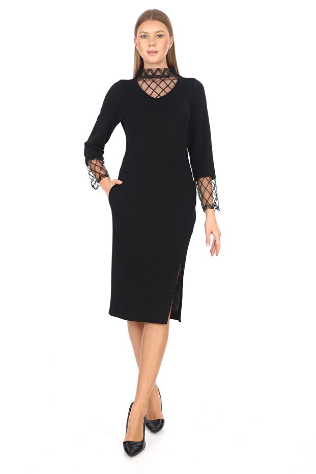 Roba Turtleneck Tulle Mesh Detailed Slit Dress Black Ets6250