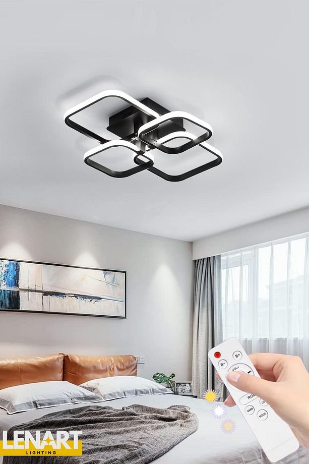 Yüksek Aydınlatmalı 4'lü Kare Led Avize, Tavan Avize, Kumandalı Led Avize, 3 Renk Aydınlatmalı Avize - 1