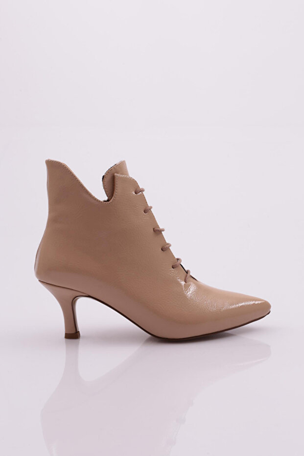 Women's Pointed Toe Short Thin Heeled Boots Nude Patent Leather 214262821