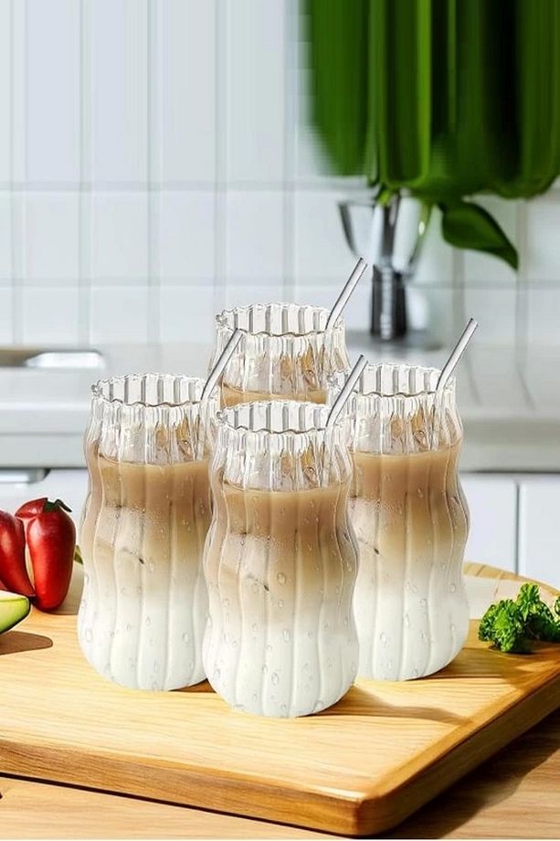 4'Lü Pipetli Sukabağı Şekli Latte Bardak Seti Iskandinav Tarz Cam Bardak Kahve Kokteyl Sunum Bardağı - 1