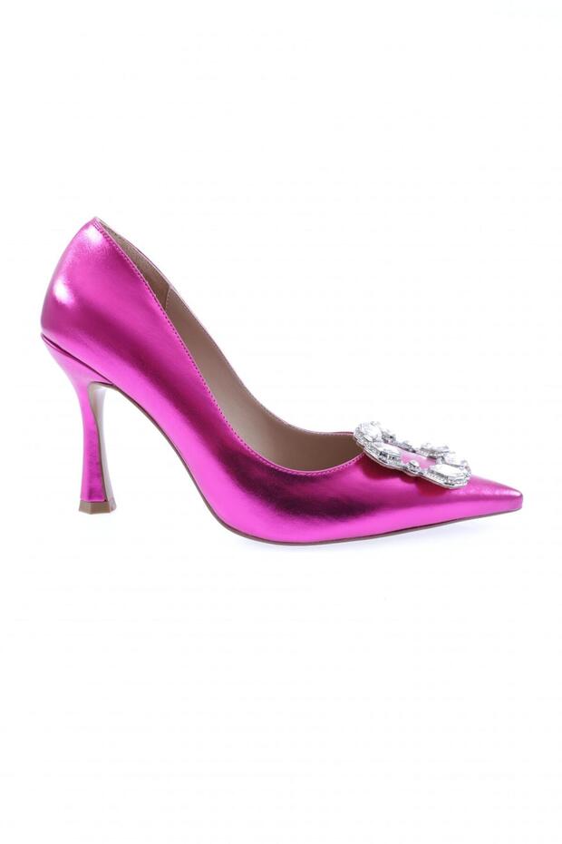 Women's Pointed Toe Crystal Stone Heeled Shoes Fuchsia Metallic 101633236