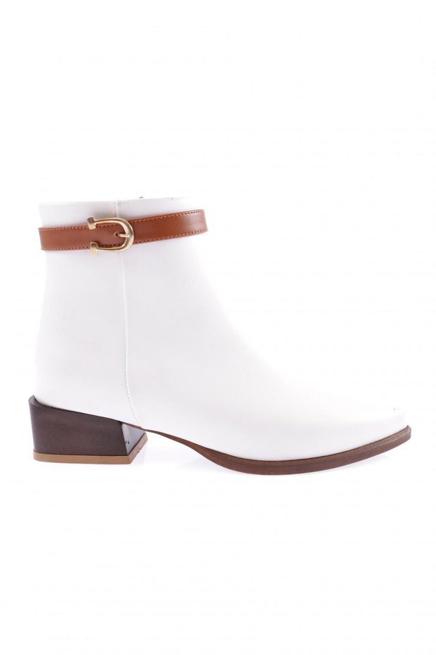 Pointed Toe Ankle Belt Detailed Short Heeled Women's Boots White Skin 26232722111292322
