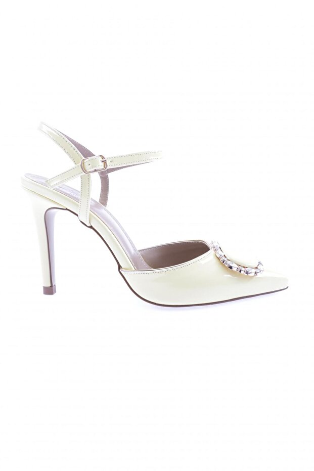 Women's Crystal Buckle Ankle Strap Thin Heeled Shoes Yellow Patent Leather 21162821