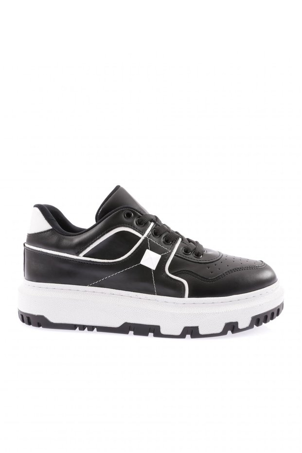 Women's Thick Sole Lace-Up Sneakers Shoes with Sewing Detail Black-White 1313363