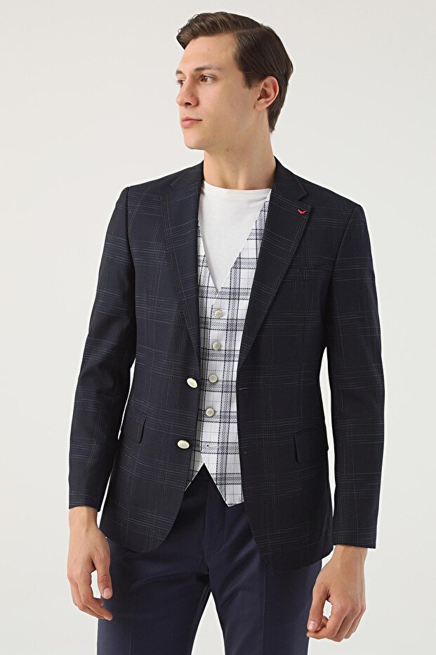 Navy Blue Slim Fit Viscose Suit - Groom, Mono Collar and Dobby Detail