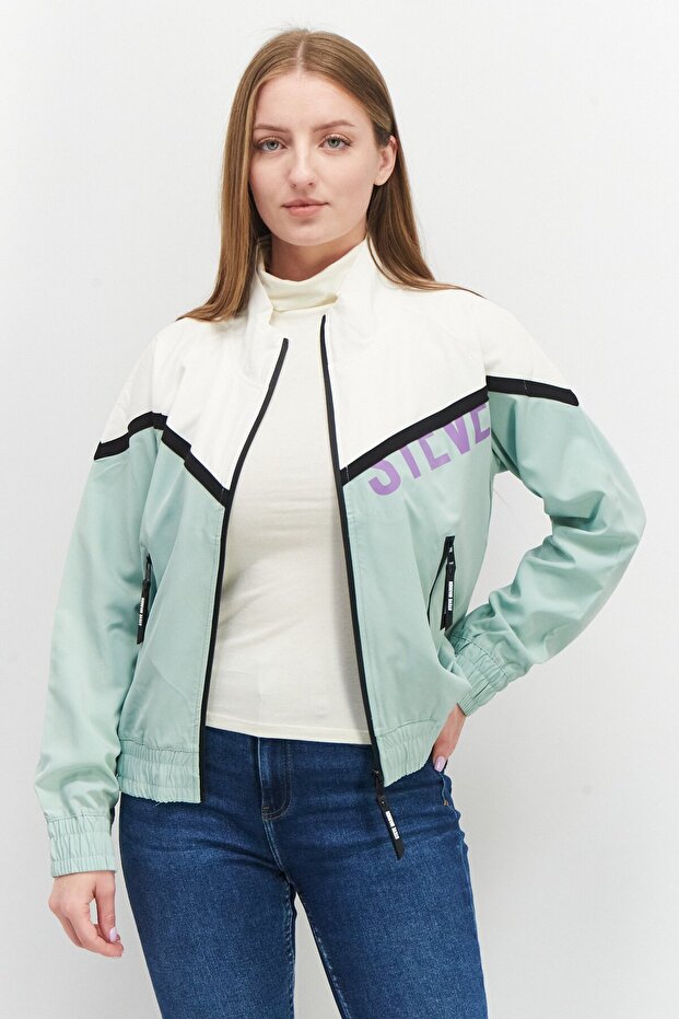 Women High Neck Colorblock Windbreaker Jacket, Mint
