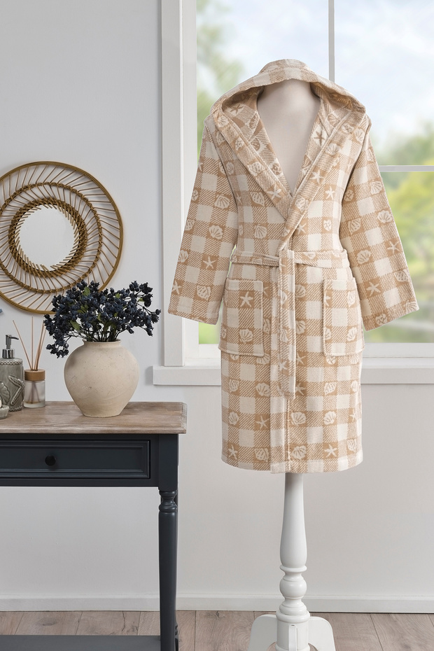 Shell Plaid Kadife Kapüşonlu Bornoz - 1