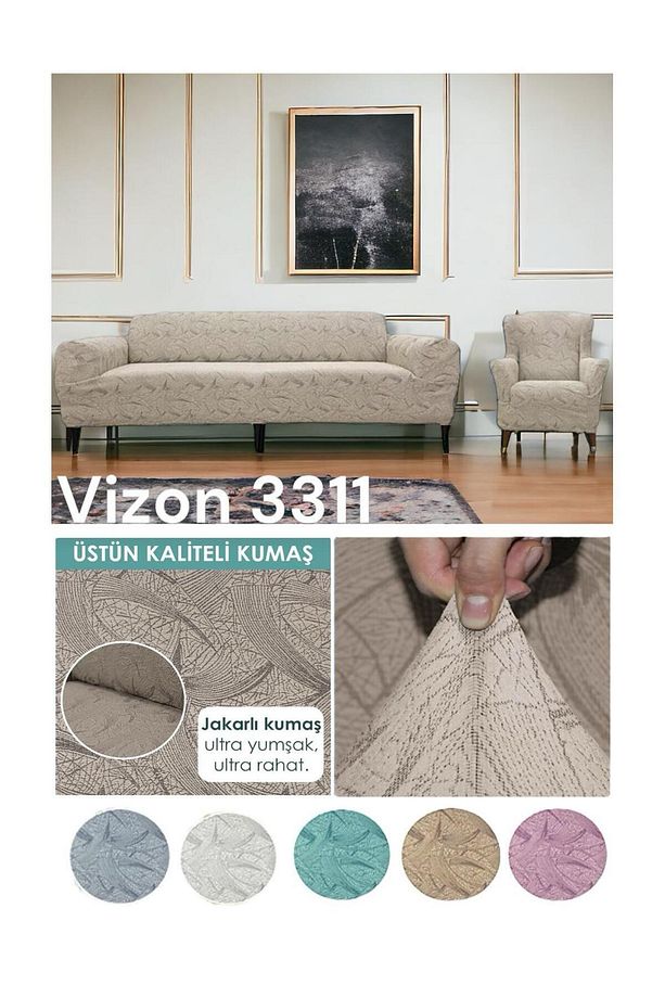 Jakarlı Vizon 3311 Lastikli Kanepe Örtüsü | Lastikli Koltuk Örtüsü | Koltuk Kılıfı | Koltuk Örtüsü - 1