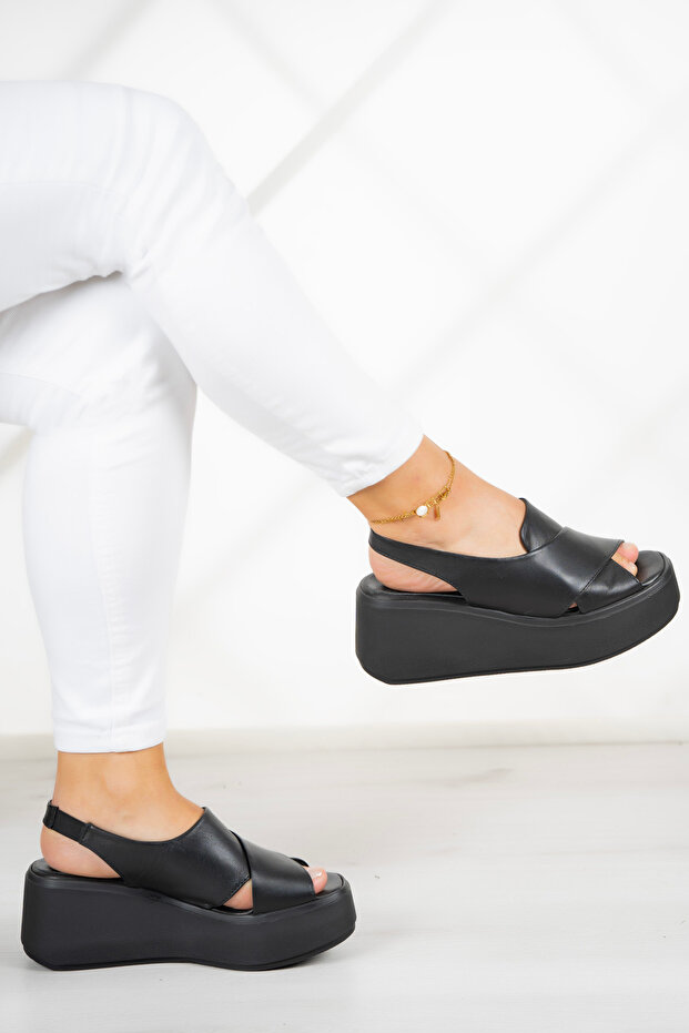 Black Genuine Leather - Wedge Heeled Olivia Sandals