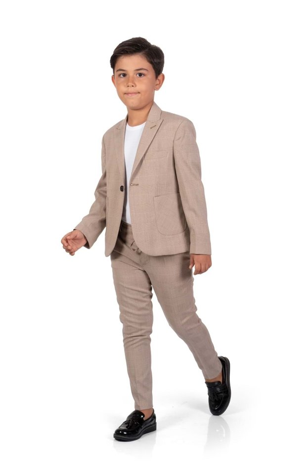Plaid Pattern Sports Boy Jacket, T-Shirt, Jogger Trousers Suit MNK0549 BROWN