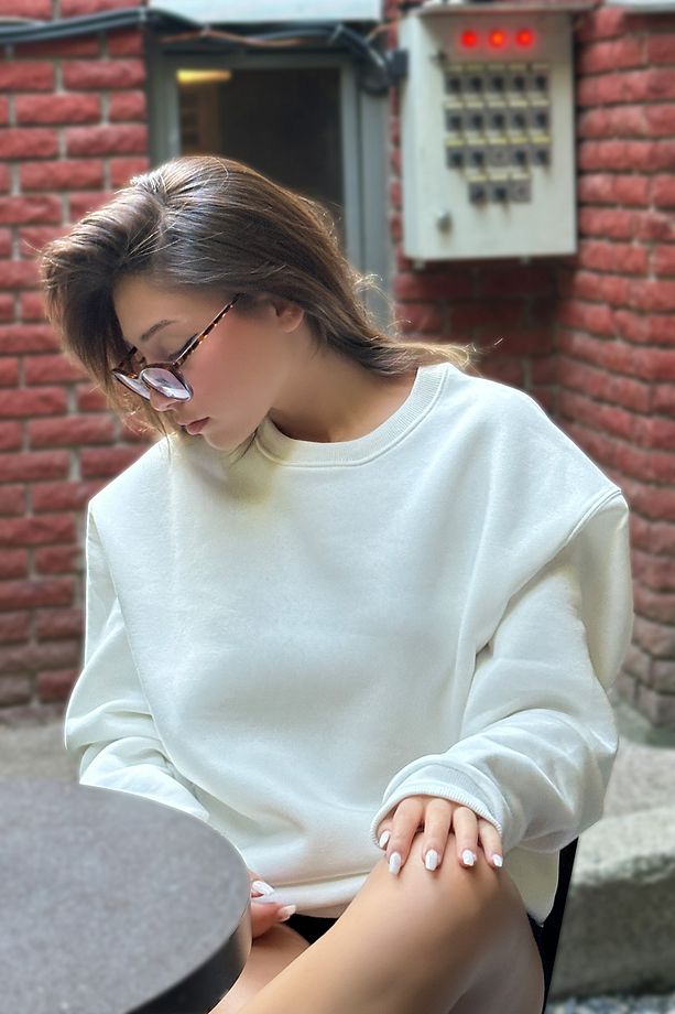 Kadın Bisiklet Yaka Basic Oversize Sweatshirt EKRU - 1