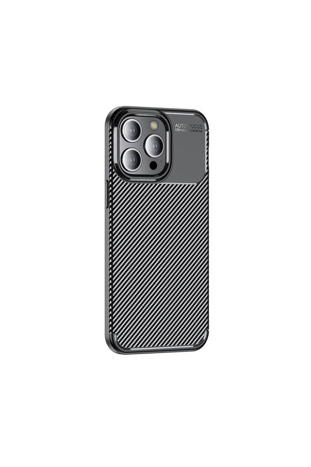 غطاء iPhone 15 Pro، تصميم كربوني، متين، فاخر، مع خاصية التركيز التلقائي، لون أسود، مصنوع من السيليكون الناعم.