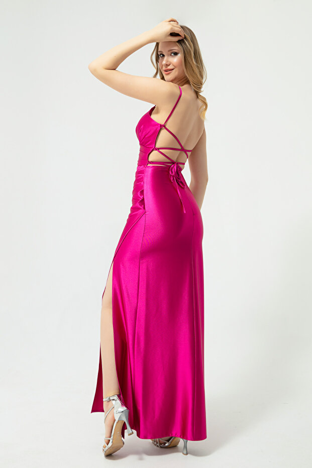 Women's Fuchsia Backless Slit Long Evening Dress