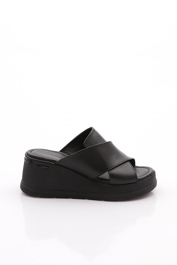Women's Thick Sole Slippers Black Genuine Leather 2421035433993