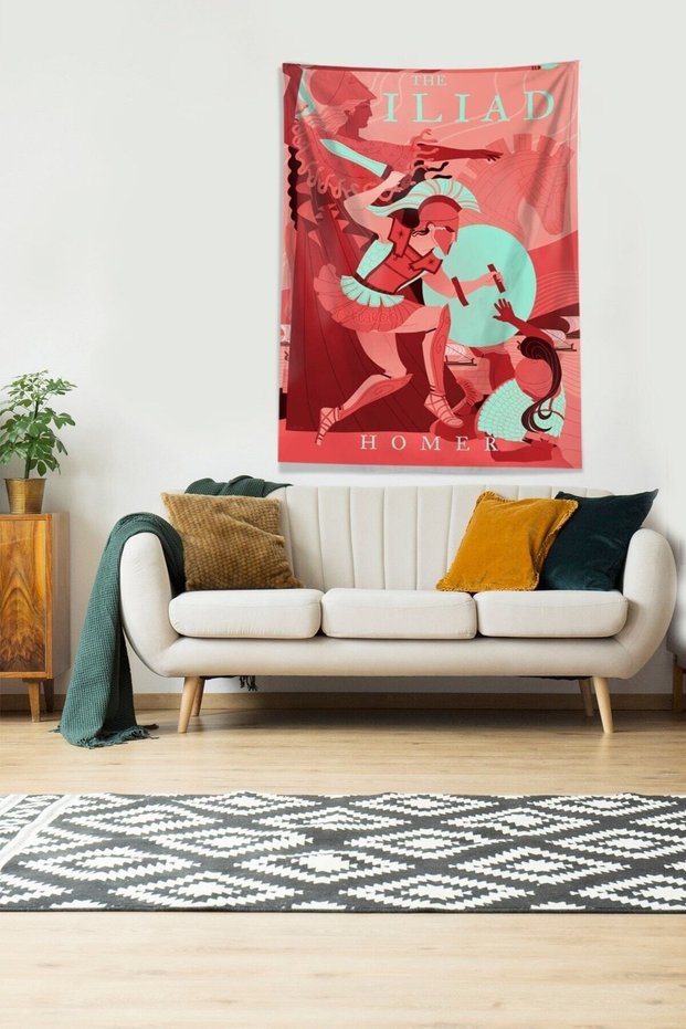 Multicolored Ilyada Saga Patterned Stain Resistant Velvet Fabric Wall Cloth Wall Carpet Tapestry
