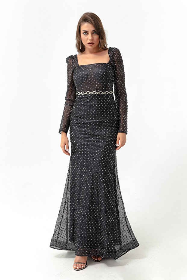 Women's Black Square Neck Stone Belted Long Evening Dress