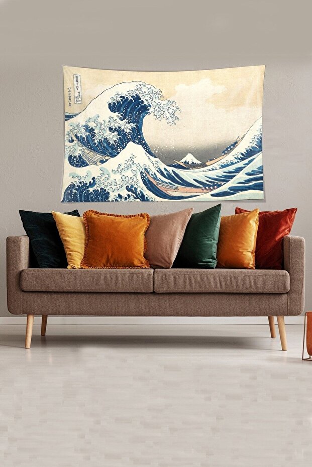 Beige-blue Katsushika Hokusai Series Stain Resistant Velvet Fabric Wall Cloth Wall Carpet Tapestry