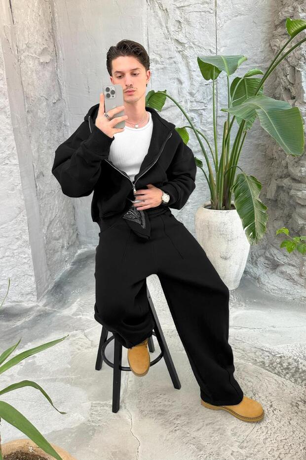 SİYAH Cozy Basic Tam Fermuar Oversize Sweatshirt - 3
