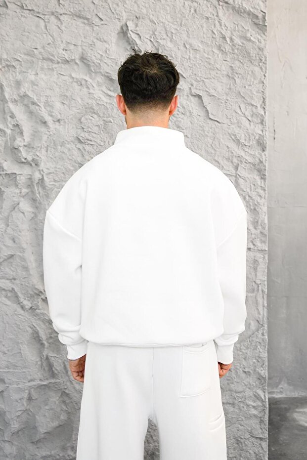 White Cozy Basic Half Zipper Oversize Sweatshirt - 3