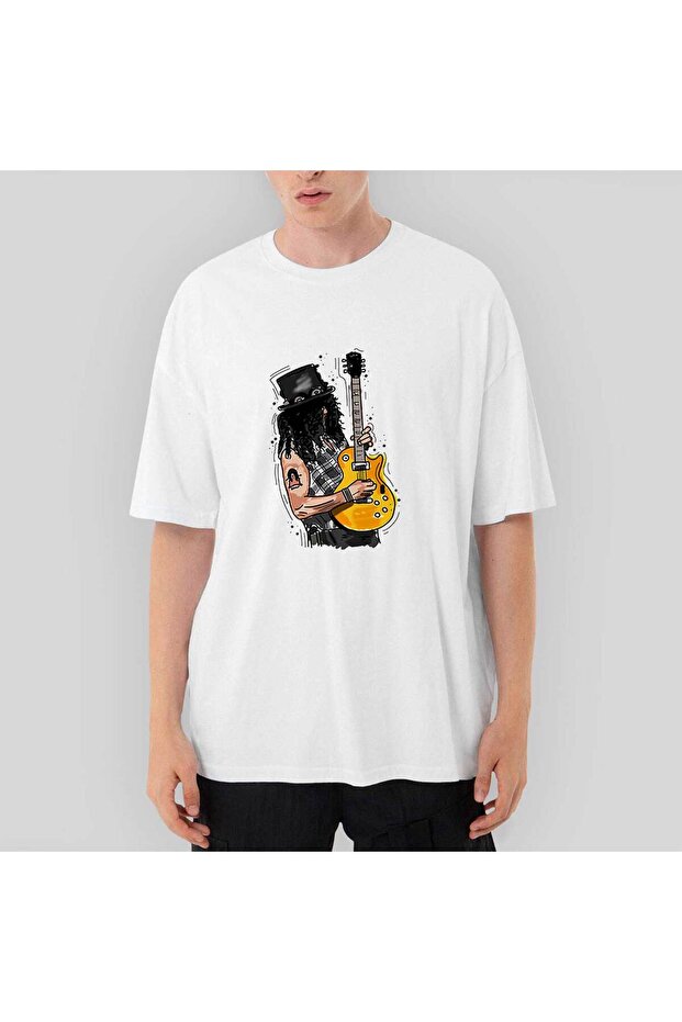 Slash Guitar Cartoon Oversize White T-Shirt