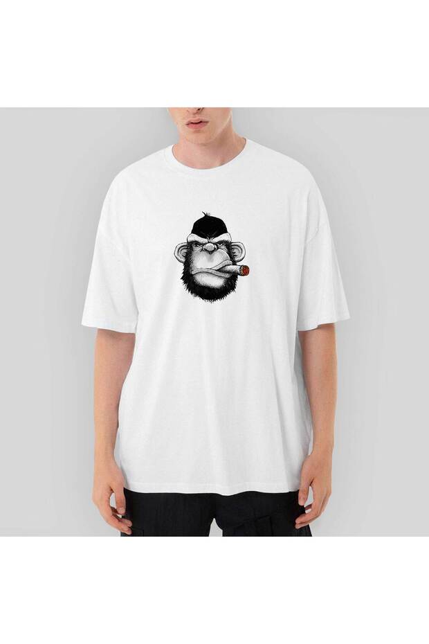 Pro Drinking Monkey Cartoon Oversize White T-Shirt