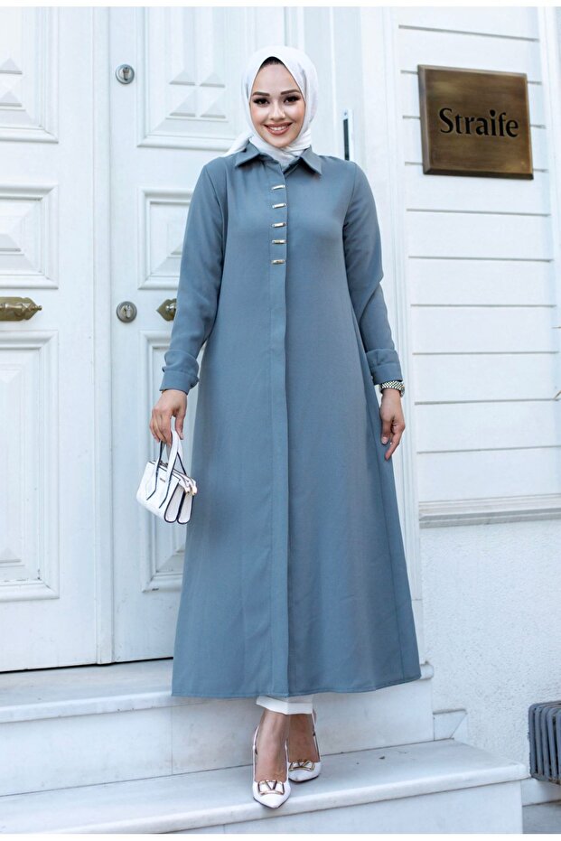 Long Ferace Tunic with Buckle Detail on the Front and Hidden Buttons