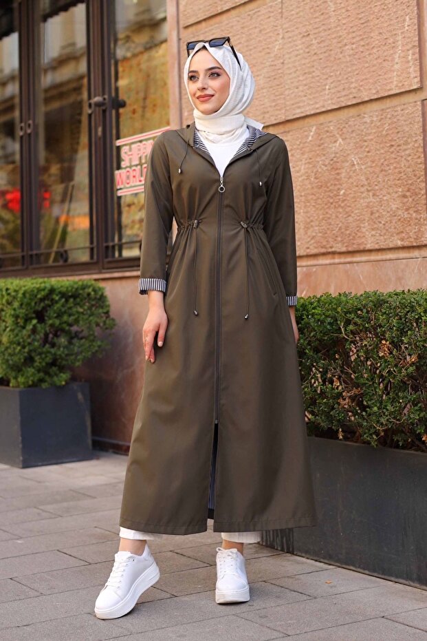 Hooded Full-Length Long Trench Coat with Ankle and Inner Stripes